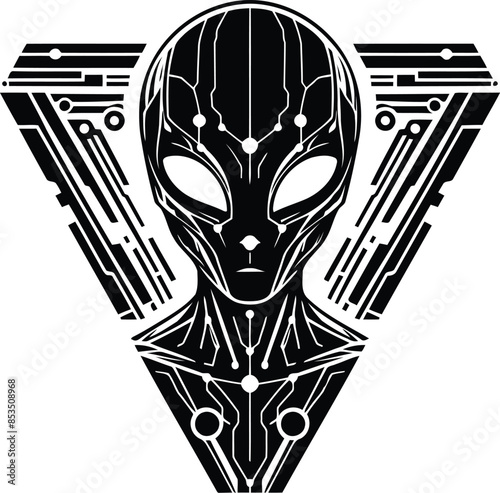 extraterrestrial alien silhouete with cyberpunk pattern illustration