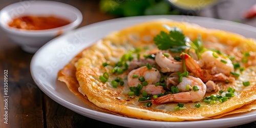 Vietnamese Banh Xeo A Popular Street Food Featuring Savory Pancakes with Shrimp and Pork. Concept Vietnamese Cuisine, Street Food, Banh Xeo Recipe, Shrimp and Pork Pancakes, Asian Cooking