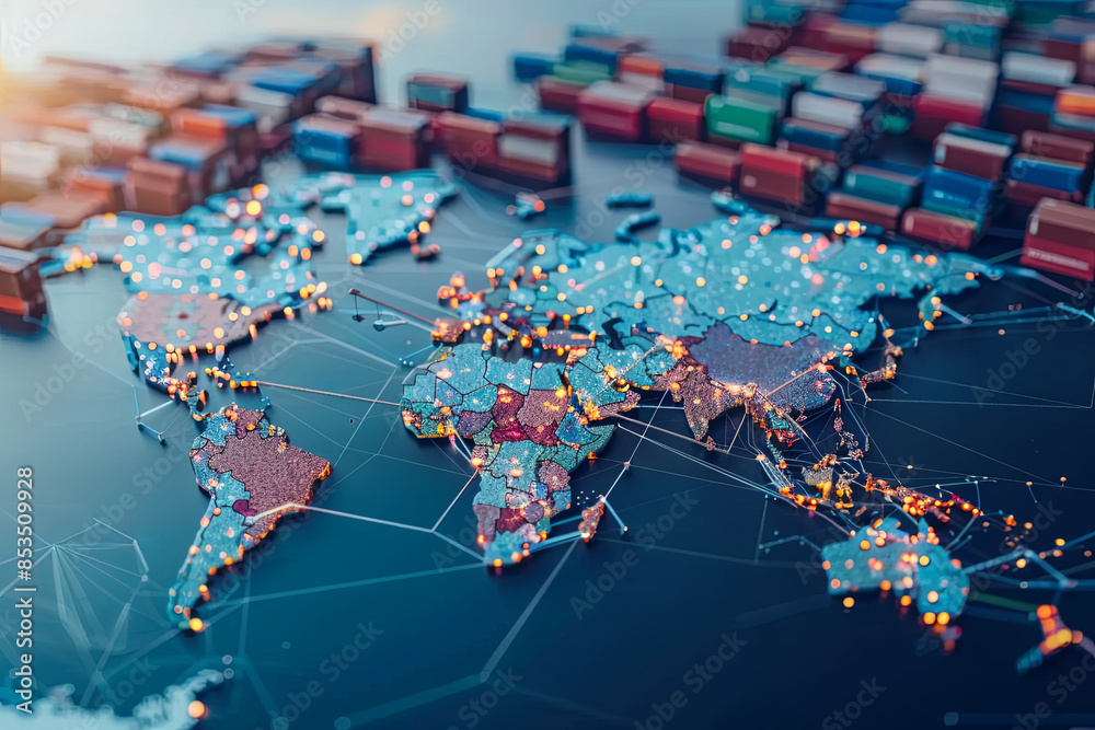 AI and global logistics concept with world map, supply chain network, and container ship for import-export
