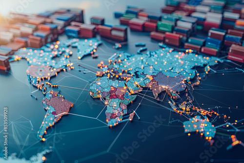 Obraz na płótnie AI and global logistics concept with world map, supply chain network, and container ship for import-export w salonie