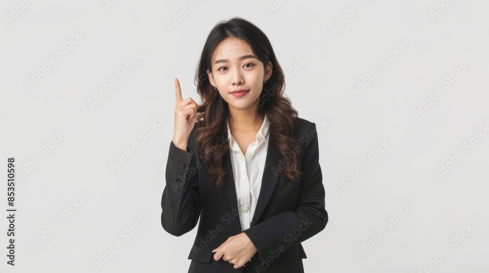 Beautiful young Asian business woman in casual suit pointing finger isolated on white background Beautiful young Asian business woman in casual suit pointing finger isolated on white background