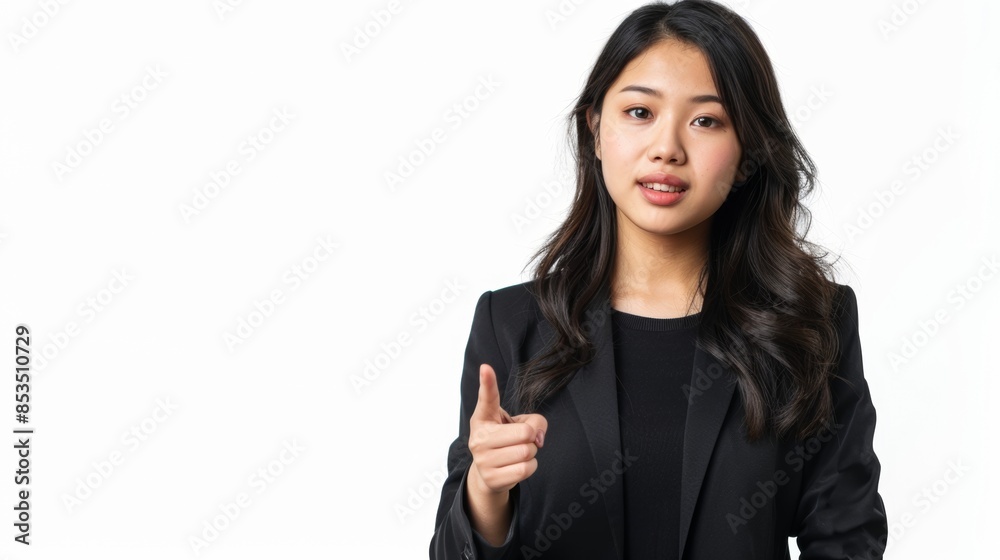 Beautiful young Asian business woman in casual suit pointing finger isolated on white background Beautiful young Asian business woman in casual suit pointing finger isolated on white background