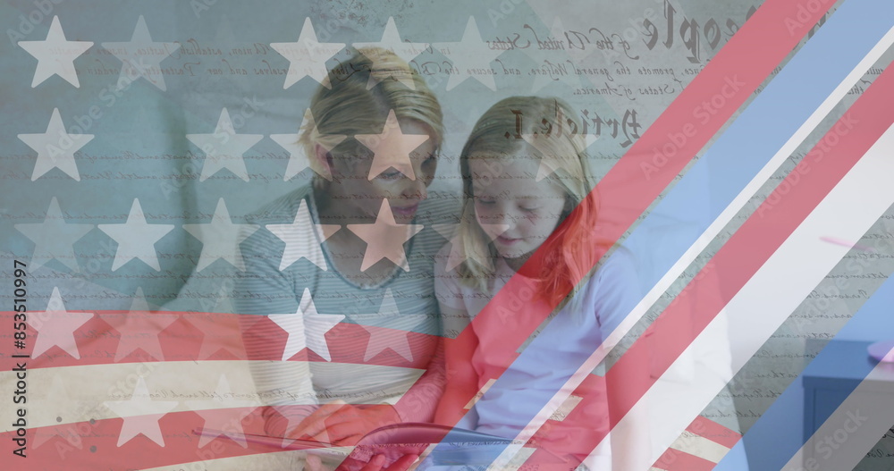 Naklejka premium American flag pattern and constitution text against caucasian mother and daughter reading a book