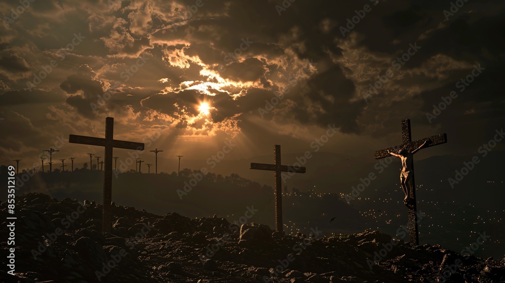 Obraz premium Crucifixion scene at dusk with dramatic sky and three crosses