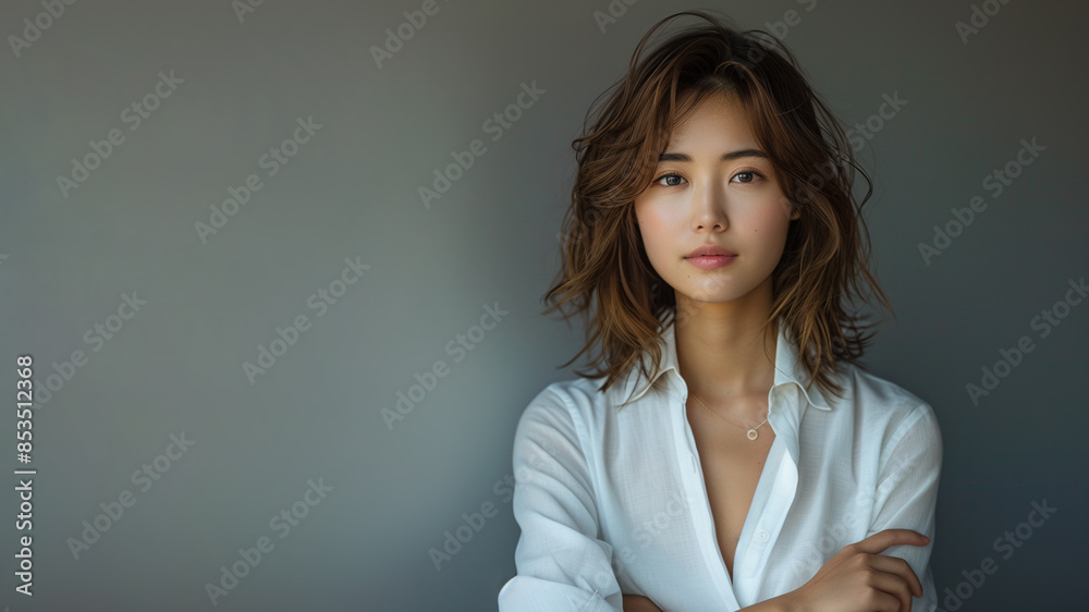 A confident business woman wearing a white shirt, standing against a white background with arms crossed A confident business woman wearing a white shirt, standing against a white background with arms crossed