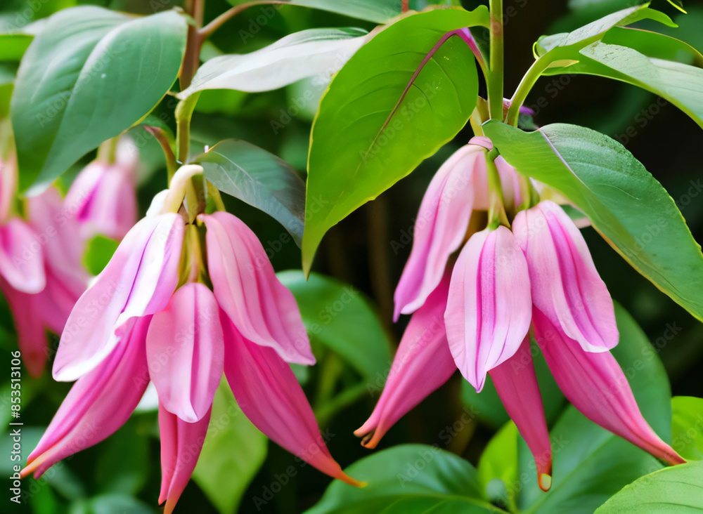 Fucshia flowers are pink and grow abundantly with green leaves. Fucshia flowers are pink and grow abundantly with green leaves.