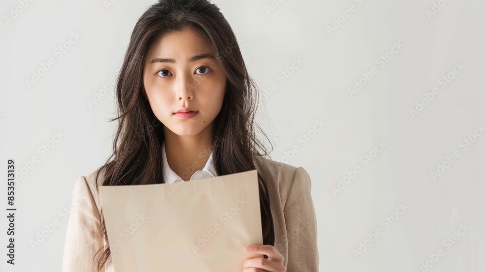 Boring young business Asian woman holding document file on white background Boring young business Asian woman holding document file on white background