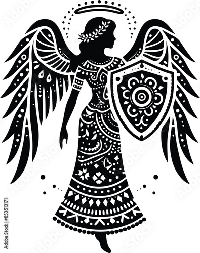 female angel in silhouete with bohemian nature pattern illustration photo