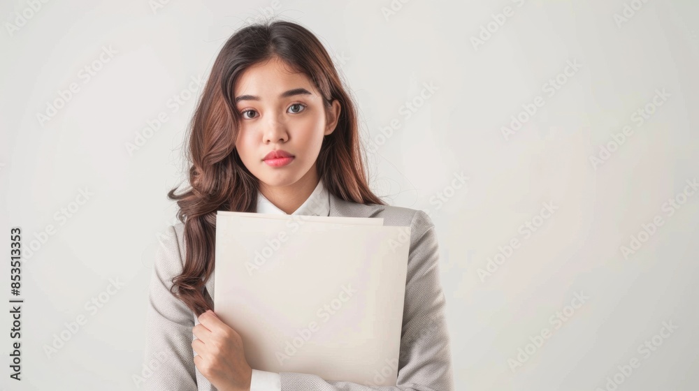 Boring young business Asian woman holding document file on white background Boring young business Asian woman holding document file on white background