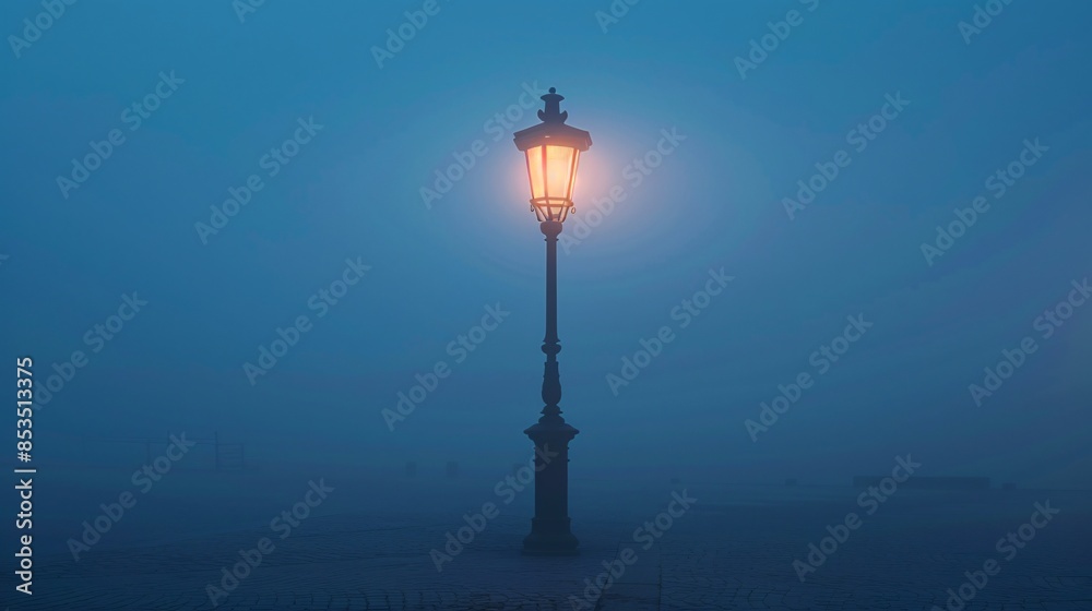 Street lamp glowing through the foggy night Street lamp glowing through the foggy night