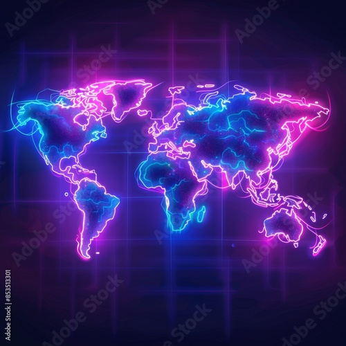 Neon world map with glowing borders and major cities, Futuristic, Neon colors, Digital art, Bright and modern.