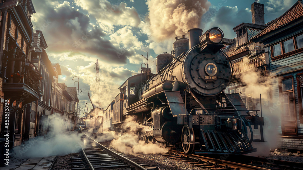 Fototapeta premium Vintage steam train with smoke and sunset with copy space text for design, transportation, and history