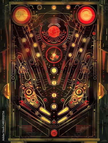A vintagestyle illustration of the iconic scoring display and backglass artwork from a classic 1970s pinball machine, filled with retro imagery and glowing, stylized lettering photo