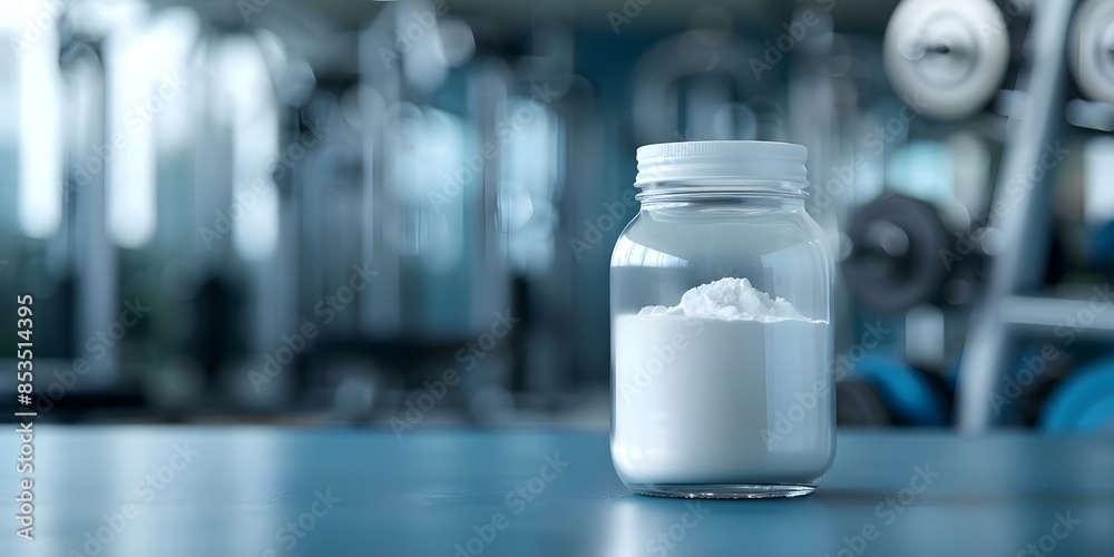 Promoting Sports Nutrition with an Empty Creatine Powder Container in a Gym Setting. Concept Fitness Promotion, Sports Nutrition, Creatine Powder, Gym Environment, Health and Wellness