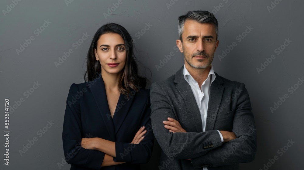 Business partners posing in front of gray background, looking at camera and smiling Business partners posing in front of gray background, looking at camera and smiling