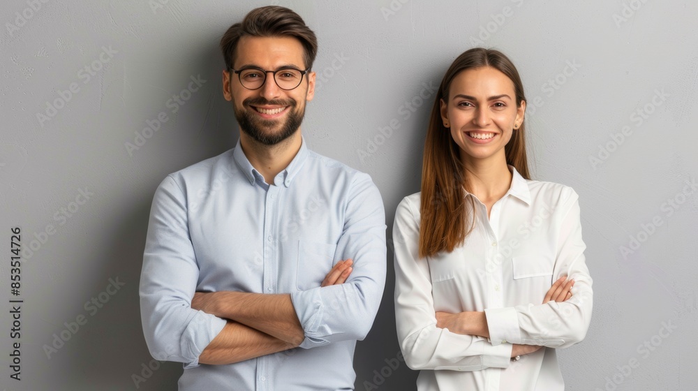 Business partners posing in front of gray background, looking at camera and smiling