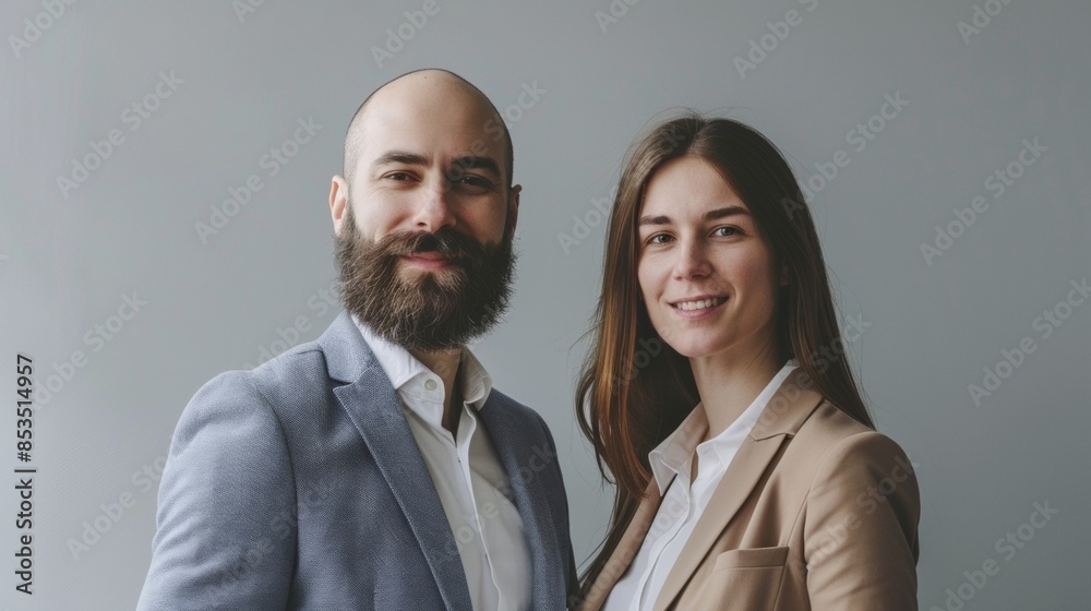 Business partners posing in front of gray background, looking at camera and smiling