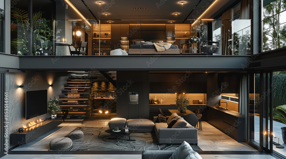 Large living, bedroom on the second floor, black glass stairs on the side, TV, sea carpet, gray sofa, dark brown kitchen, large living room with a view of the yard. Generative AI. Large living, bedroom on the second floor, black glass stairs on the side, TV, sea carpet, gray sofa, dark brown kitchen, large living room with a view of the yard. Generative AI.