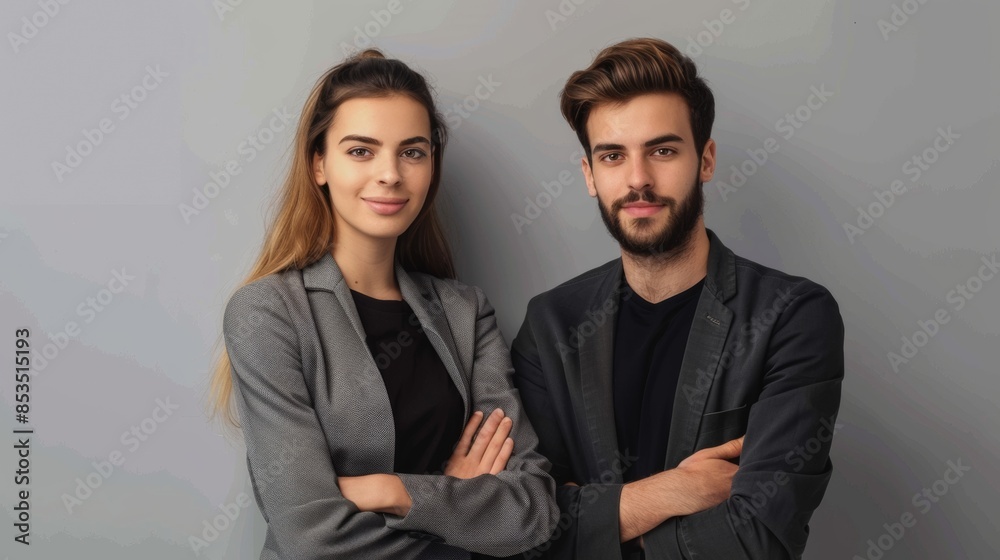 Business partners posing in front of gray background, looking at camera and smiling Business partners posing in front of gray background, looking at camera and smiling