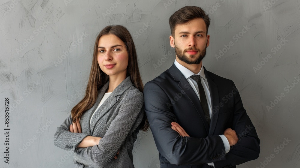 Business partners posing in front of gray background, looking at camera and smiling Business partners posing in front of gray background, looking at camera and smiling