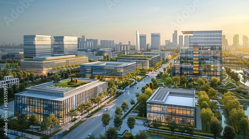 The future high tech industrial park, with six modern buildings and green spaces between them, The surrounding area includes commercial buildings such as office towers and glass walls. Generative AI. photo