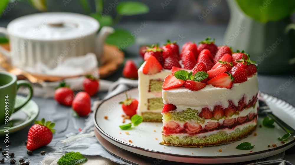 cake with decoration of sweet strawberries on the table. Green tea