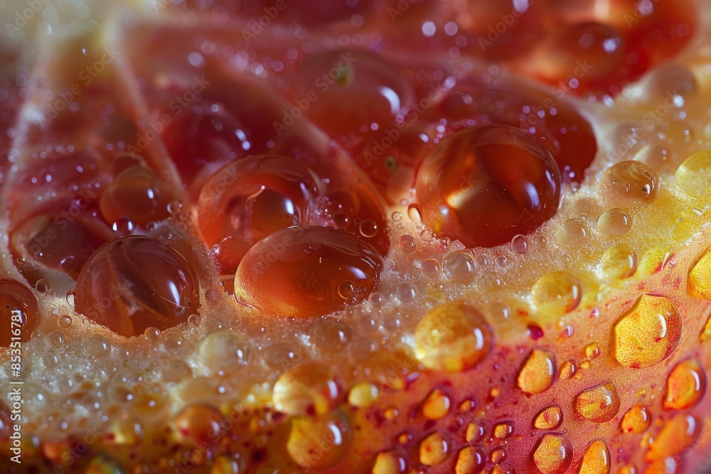 An extreme close-up of a piece of fruit, showing the detailed texture and moisture on its surface An extreme close-up of a piece of fruit, showing the detailed texture and moisture on its surface