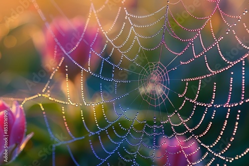 A macro photograph of a spider's web with morning dew, each droplet glistening in the light