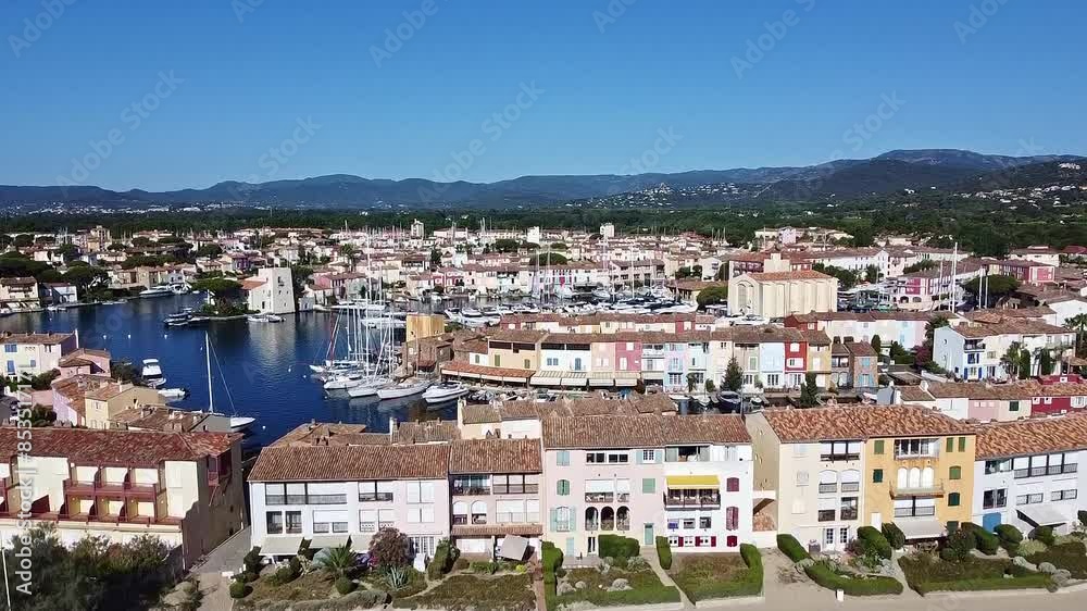 Aerial reveal, yacht moorings, French Riveria destination, travel landmark Aerial reveal, yacht moorings, French Riveria destination, travel landmark