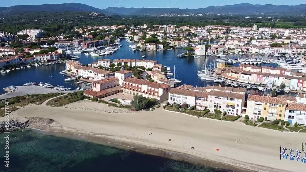 Beach vacation idyllic location, luxury yachts, French port, aerial parallax Beach vacation idyllic location, luxury yachts, French port, aerial parallax