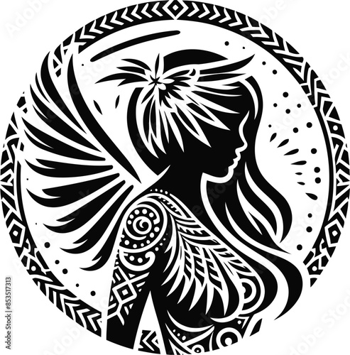 female angel in silhouete with Polynesian ethnic pattern illustration