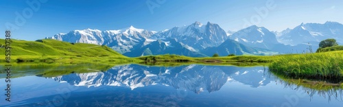 Snow-Capped Mountains Reflecting in Calm Alpine Lake on a Sunny Day