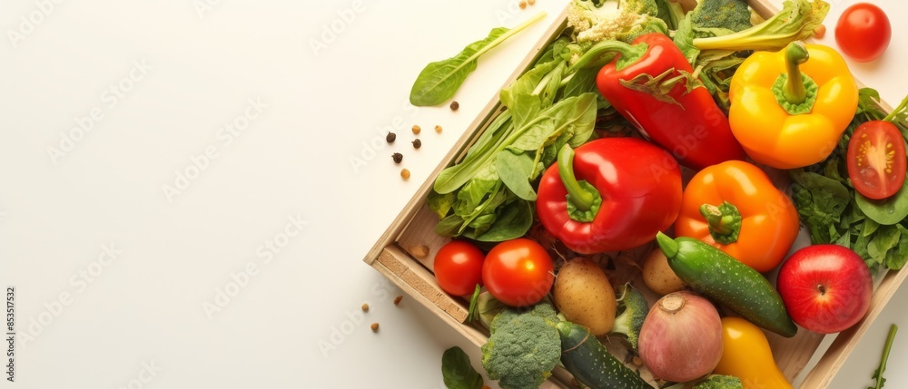 Crate with different fresh vegetables on light background, top view, copt space Crate with different fresh vegetables on light background, top view, copt space