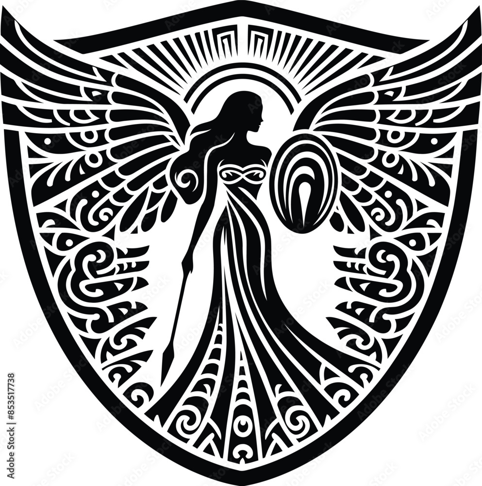 female angel in silhouete with Polynesian ethnic pattern illustration female angel in silhouete with Polynesian ethnic pattern illustration