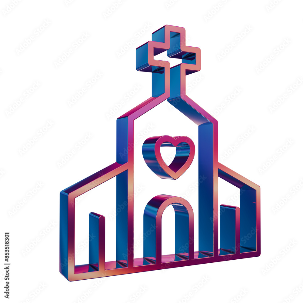 3D Neon Retro Icon - Wedding Church with Heart Symbol