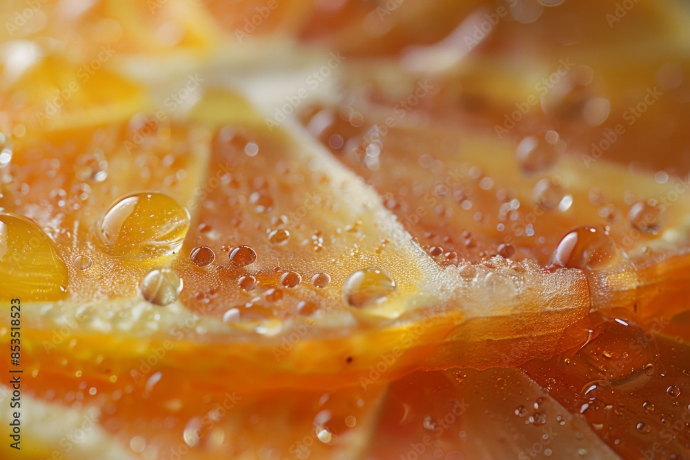 An extreme close-up of a piece of fruit, showing the detailed texture and moisture on its surface An extreme close-up of a piece of fruit, showing the detailed texture and moisture on its surface