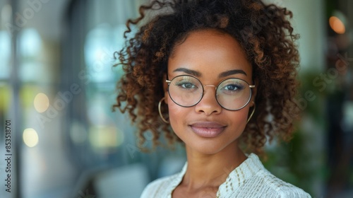 Young Woman With Curly Hair Wearing Glasses Indoor Portrait