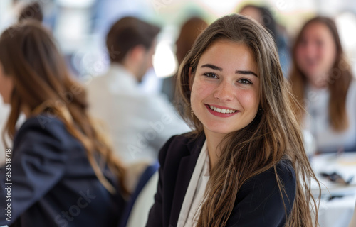 a happy young businesswoman sitting at a table with a group of people in a meeting room. The woman is smiling and looking at the camera
