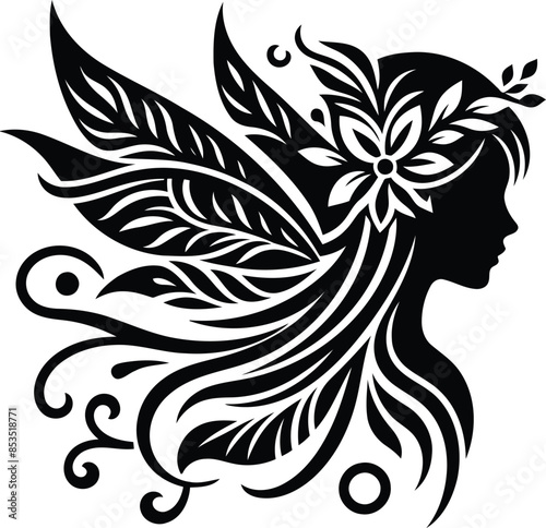 fairy in silhouete with bohemian nature pattern illustration