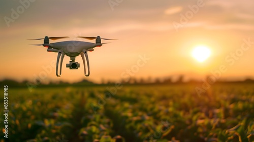 A white drone flying over expansive green farmland at sunset. The integration of modern technology in farming practices.  the synergy of innovation and agriculture, symbolizing progress and efficiency © Shane