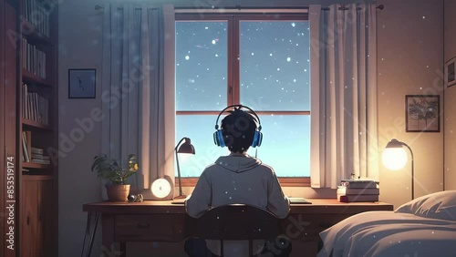 Lofi Music Background: Anime Boy Listening with Headphones