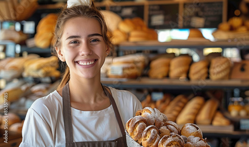A woman working in a bakery, smiling and looking at the camera on a sunny day. Generative AI.