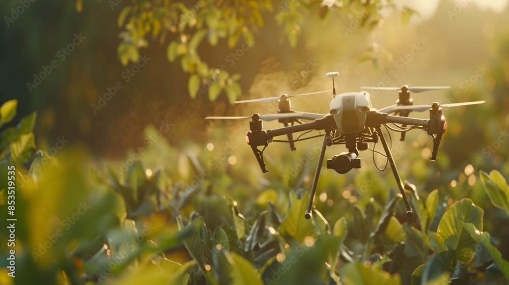 A dramatic close-up of an aerial drone flying over lush green crops, with sunlight filtering through the leaves, creating a warm, golden glow on its camera and metallic frame A dramatic close-up of an aerial drone flying over lush green crops, with sunlight filtering through the leaves, creating a warm, golden glow on its camera and metallic frame