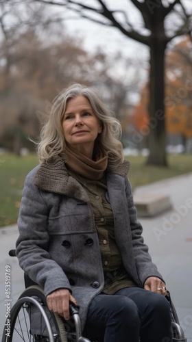 Woman In Wheelchair On Autumn Day In Urban Park