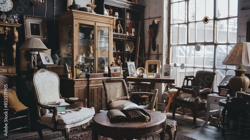 Interior of an antique store with old vintage classical objects and furniture