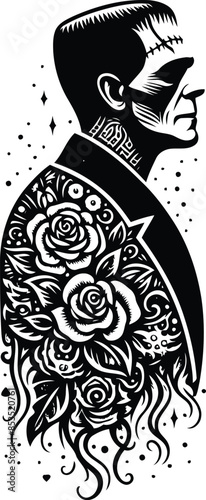 frankenstein in silhouete with bohemian nature pattern illustration