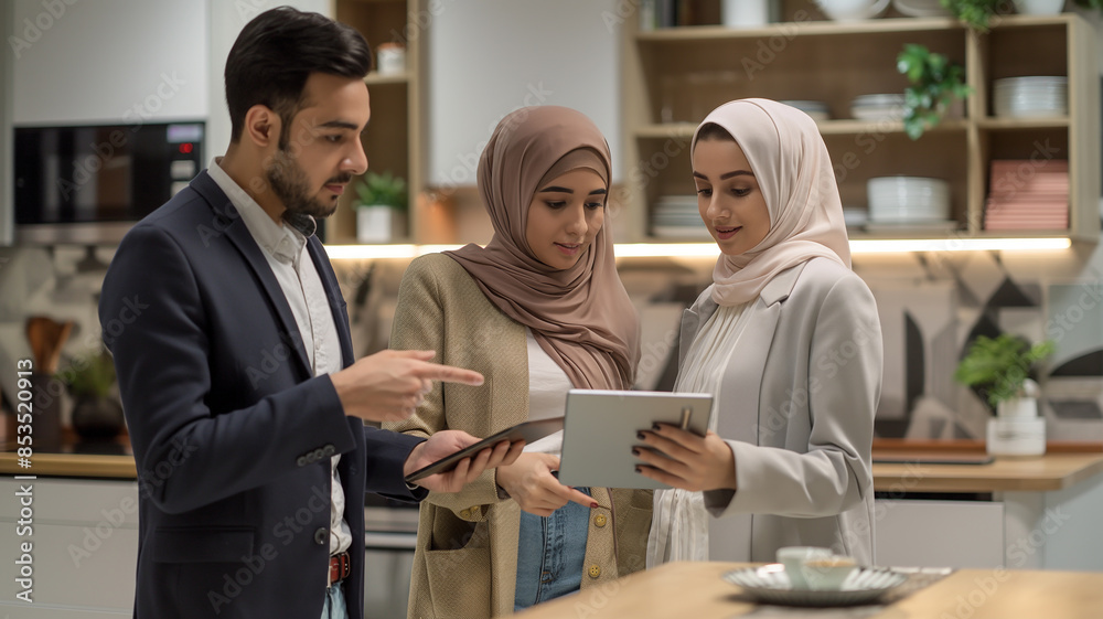 Digital home tour: Realtor shows tablet to client, including hijabi, in Scandinavian setting Digital home tour: Realtor shows tablet to client, including hijabi, in Scandinavian setting