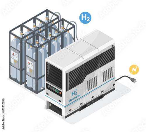 H2 green hydrogen fuel cell backup generator with H2 Tanks portable for House office cartoon isometric isolated clean evergy concept vector