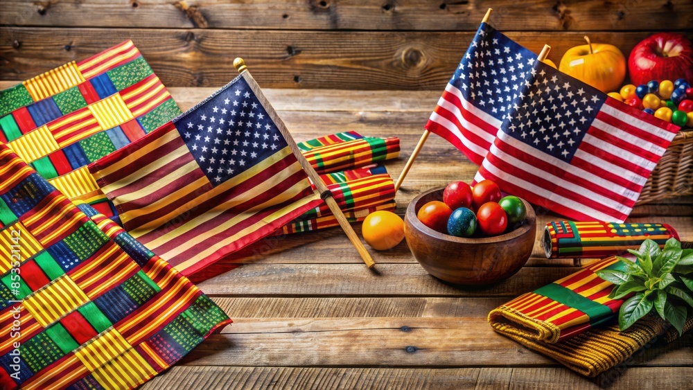Vibrant colors of african kente cloth, american flags, and red, white