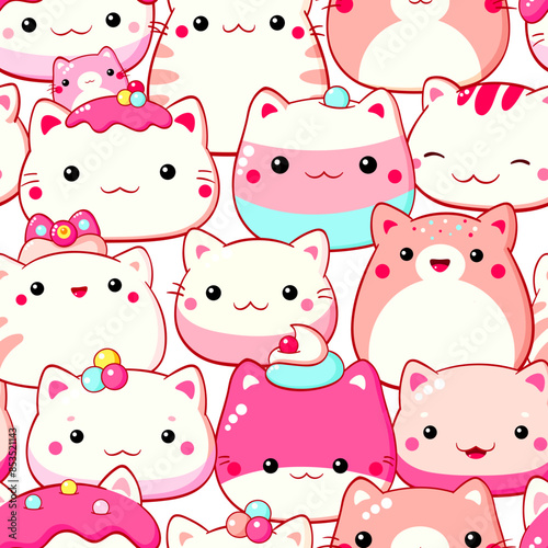Seamless pattern with traditional Chinese cat-shaped mantou buns. Cute print in kawaii style. Endless texture can be used for textile pattern fills, t-shirt design, web page background. Vector EPS8